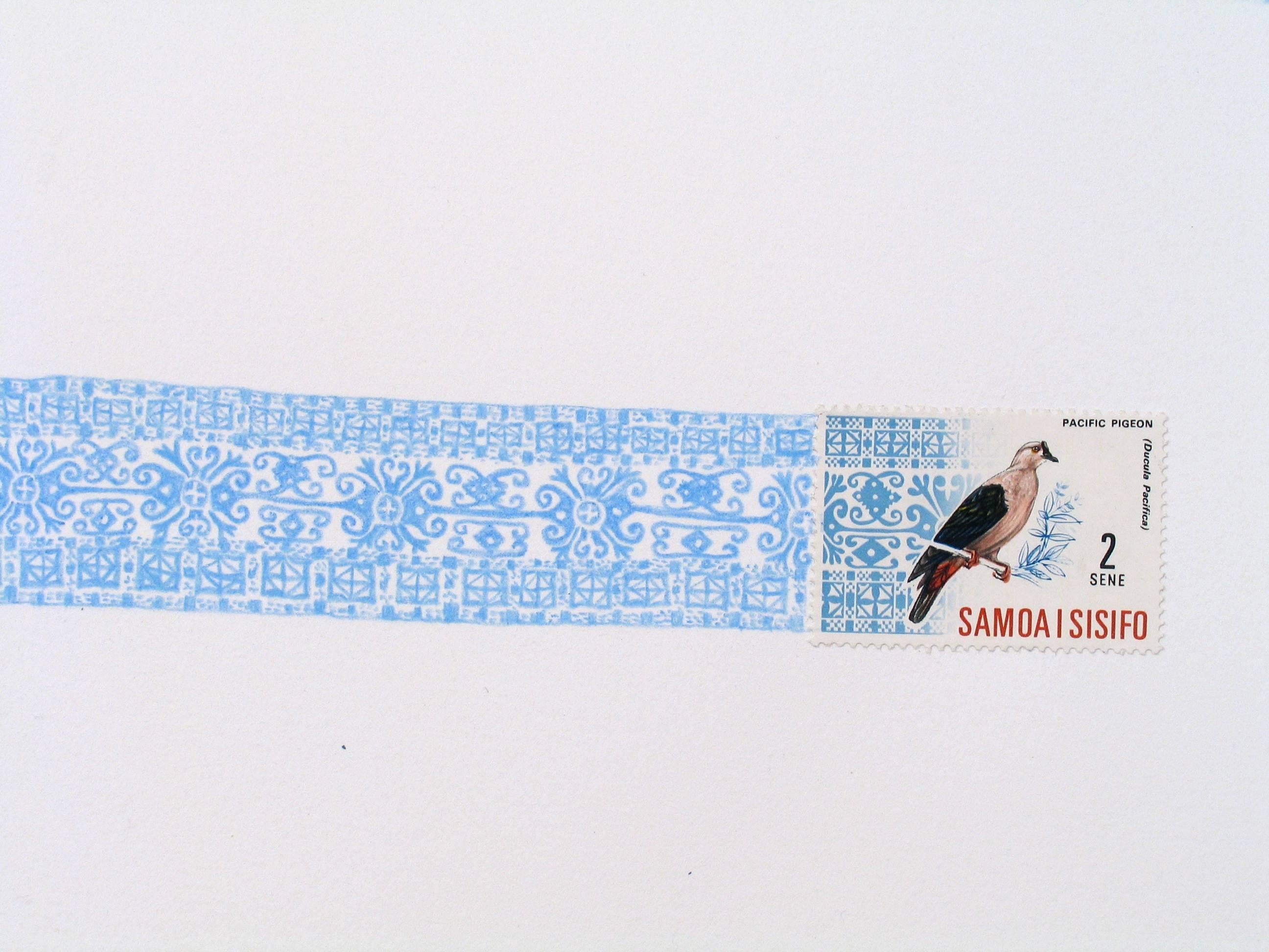 Samoa, Blue Flight Pattern: (Sky Blue Colored Pencil Drawing & Bird Stamp) - Art by Andrea Moreau