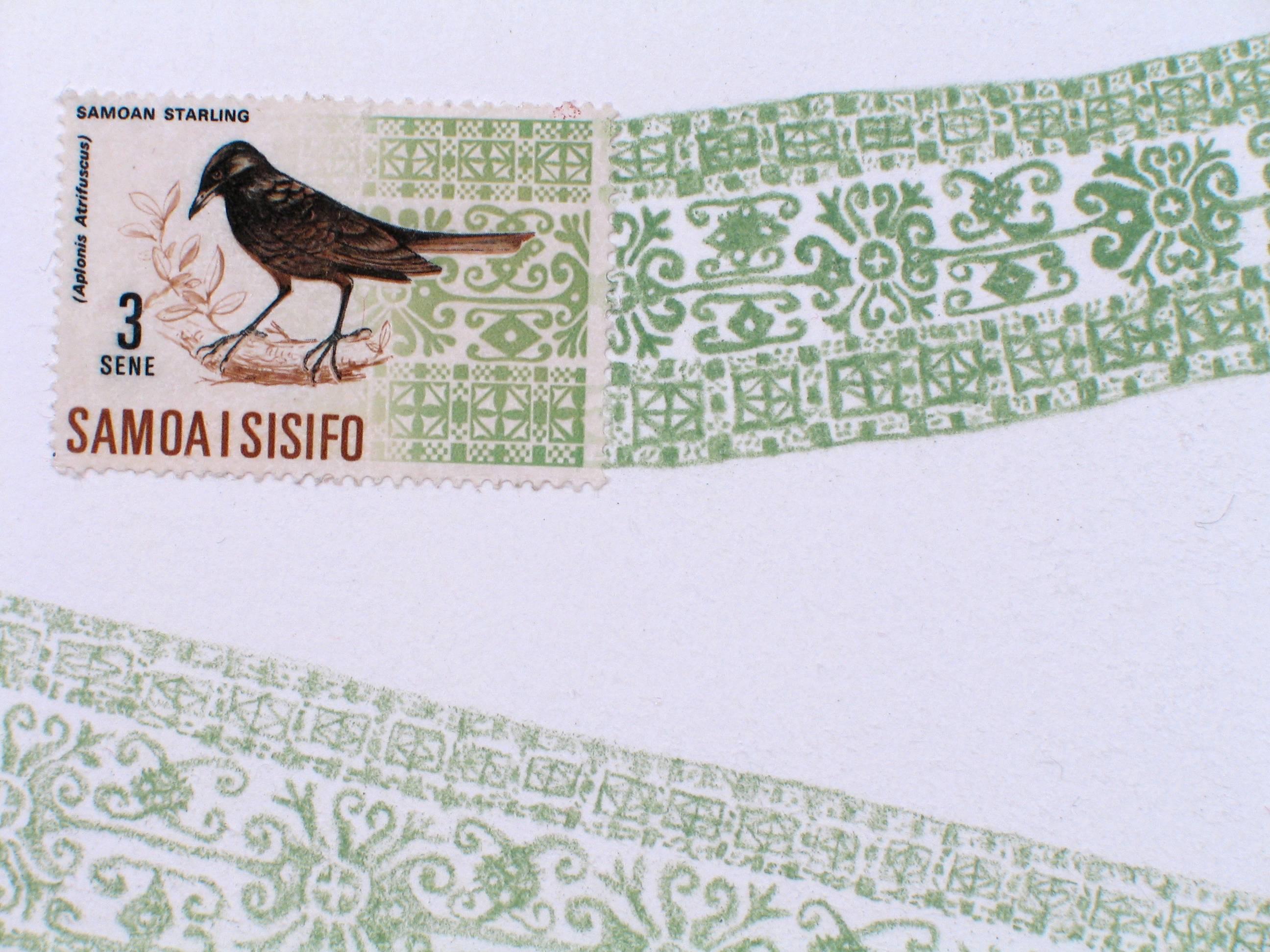 Samoa, Green Flight Pattern (Pastel Green Colored Pencil Drawing & Bird Stamp) - Art by Andrea Moreau