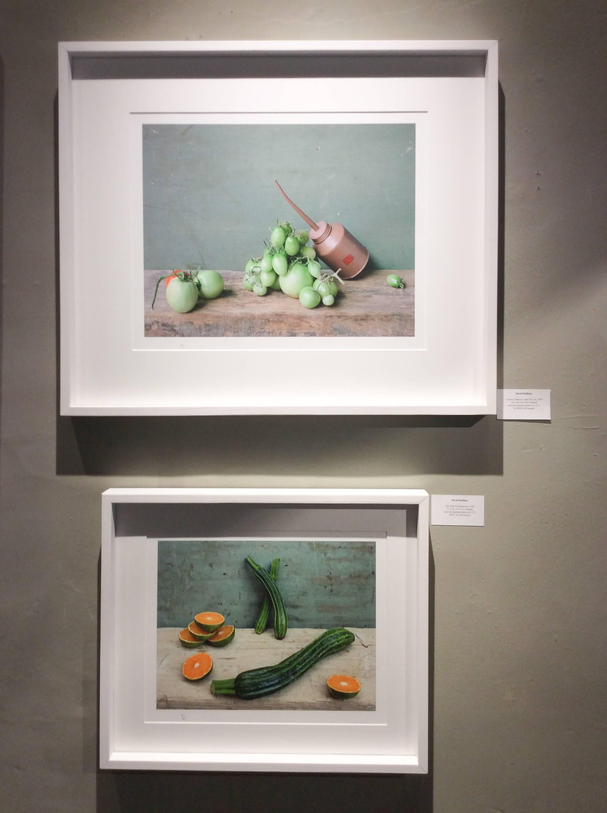 Green Tomatoes & Oil Can: Modern Still Life Photograph of Food & Objects, Framed 3