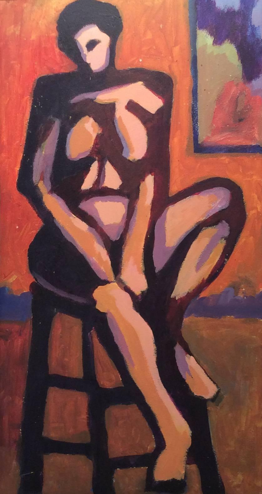 Modern figurative oil painting of seated female nude 
20 x 10.5 inches, oil on panel
Artist made black painted wood frame, 25 x 16 x 1 inches  

Painted in a realist style that evokes the works of Andrew Wyeth and Edward Hopper, this is an