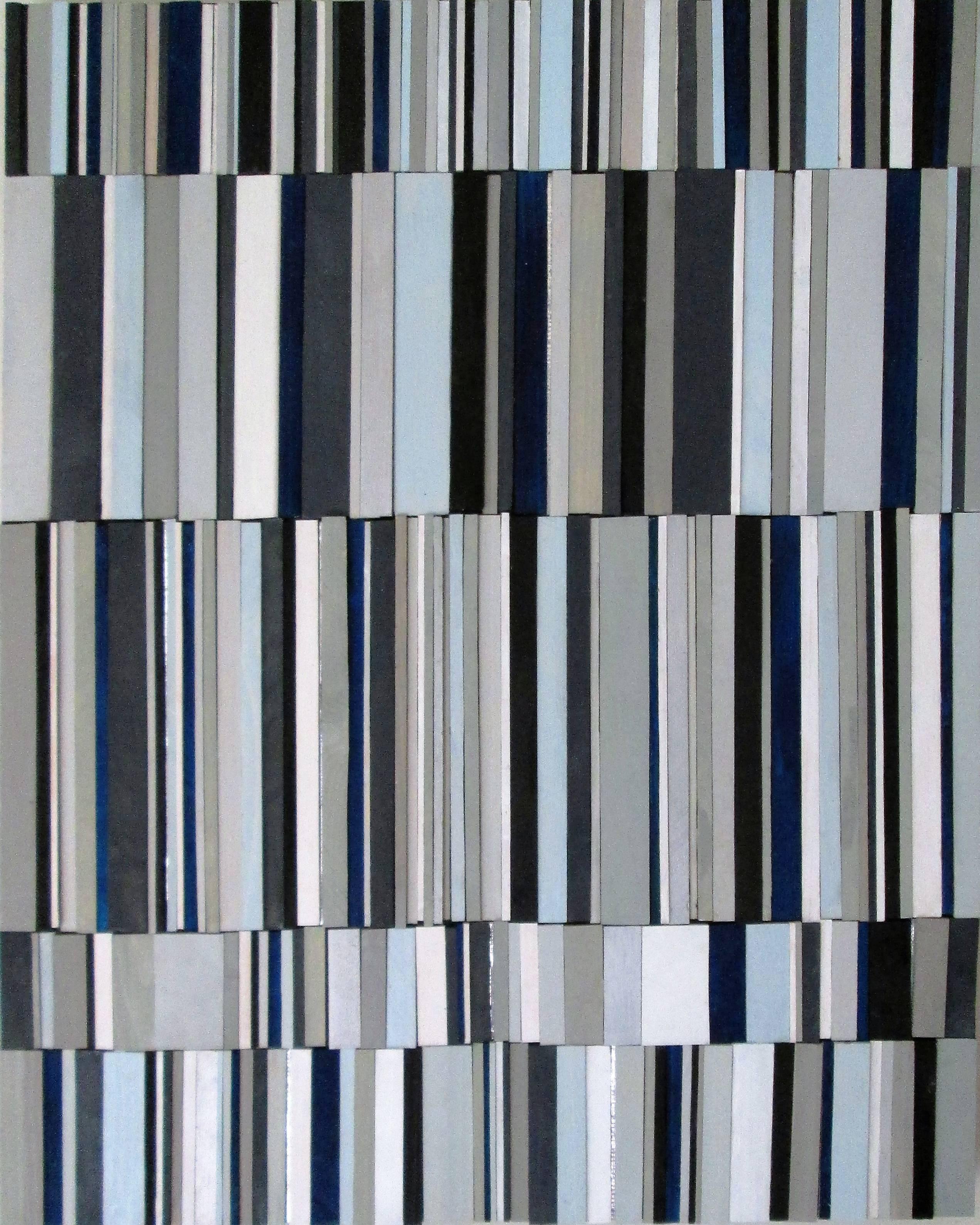 Stephen Walling Abstract Sculpture - Syncopation, Variation I (Graphic Blue White and Gray 3D Wall Sculpture)