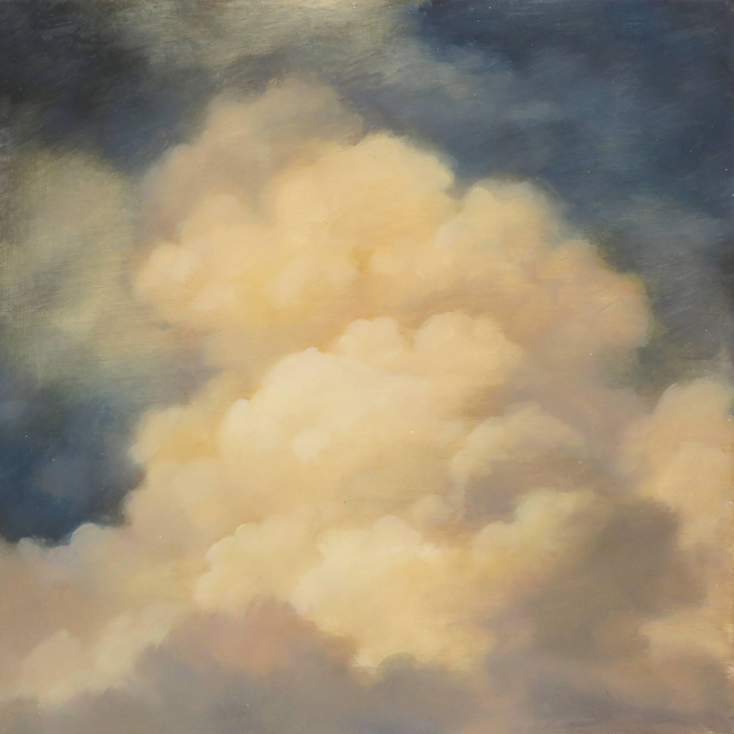 Landscape Painting Jane Bloodgood-Abrams - Icon du nuage XIX (petite peinture à l
huile carrée d
un grand nuage dans un ciel bleu)