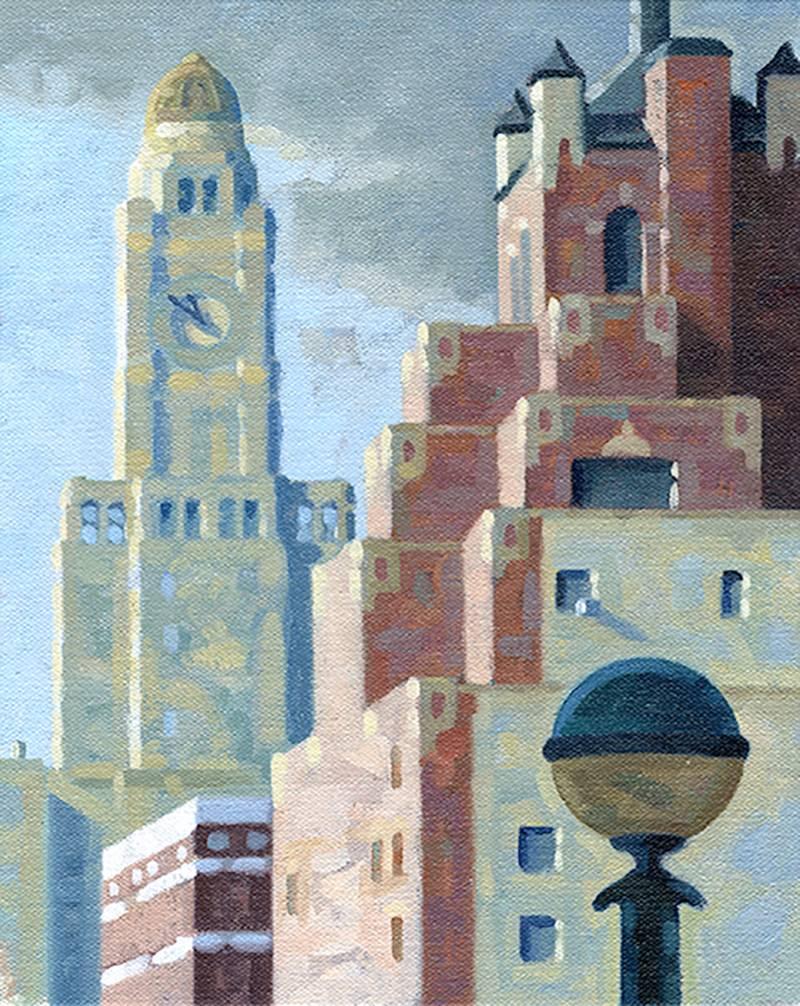 Oil on canvas board
10 x 8 inches unframed, 12.5 x 10.5 inches framed 

This small, vertical cityscape oil painting on canvas board in a black frame was painted by Robert Goldstrom in 2016. It was made as a study for a larger painting where the