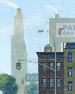 Ashland Fog 2, Study (Small Vertical Cityscape Oil Painting of Brooklyn, NY)