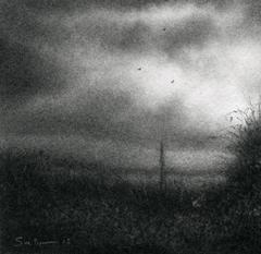 Edgeland X (Modern Realist Charcoal Drawing of Clouds Over a Field)