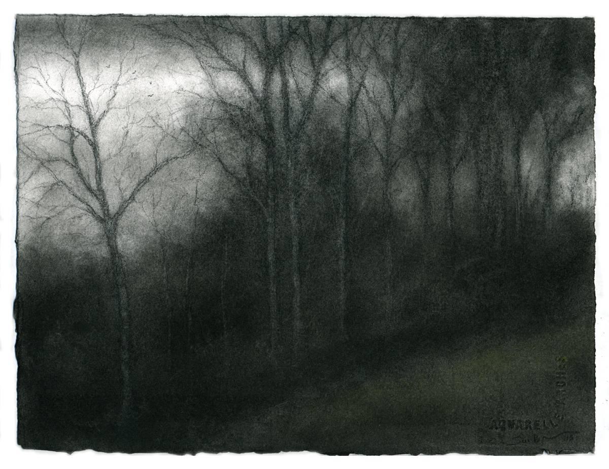 Ladera, Hudson (Dibujo realista al carboncillo de un paisaje de árboles en un bosque)
