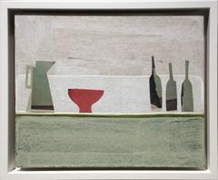 Illusions X (Modern Still Life Collage of Bowl, Bottles, and Pitcher on Table)