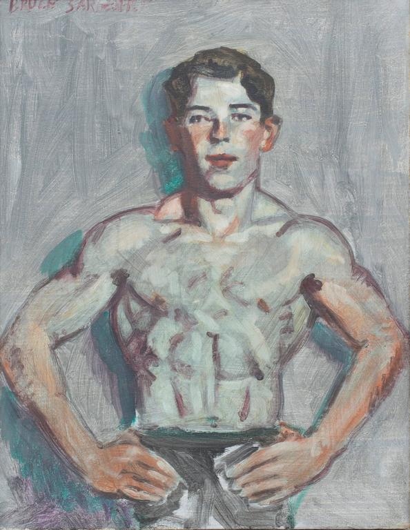 Young Swimmer (Modern, Academic Style Portrait Painting in Antique Gold Frame) - Gray Figurative Painting by Mark Beard