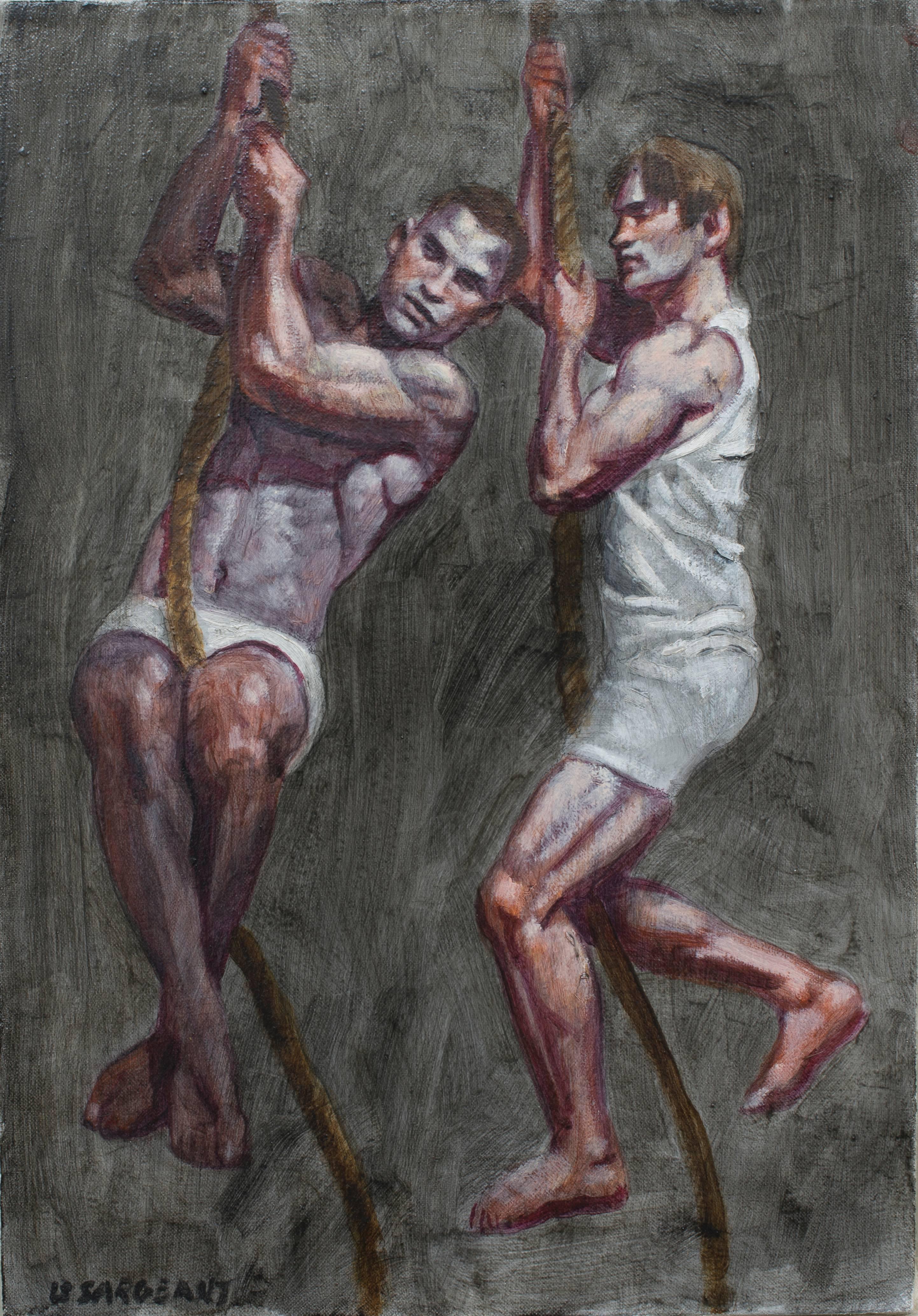 Mark Beard Figurative Painting - Two Boys Climbing Rope (Oil Painting of 2 Male Athletes)