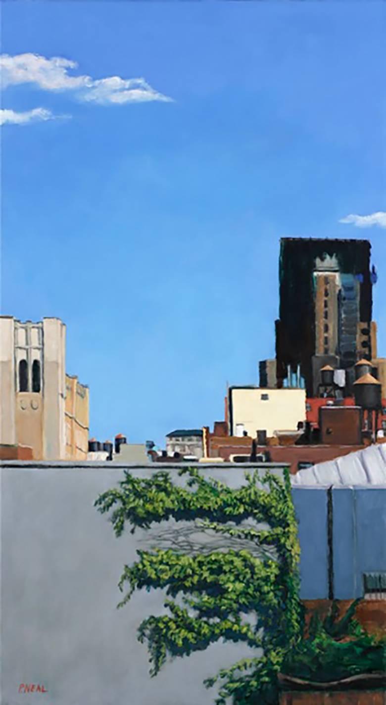 Blue Sky Green (Modern Cityscape Oil Painting of Brooklyn Rooftops)