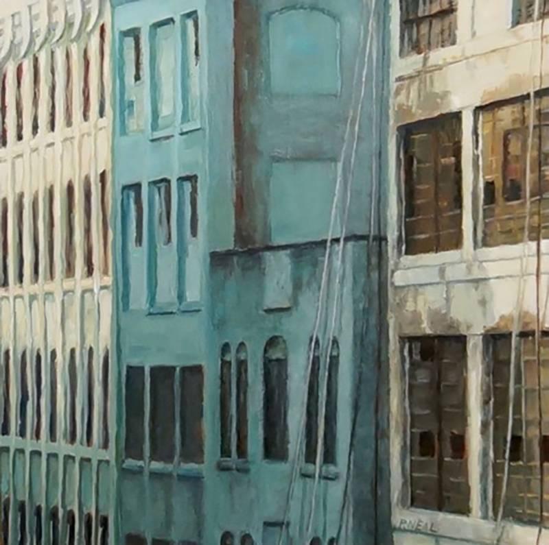 Patty Neal Landscape Painting - Industrial Brooklyn (Modern Urban Oil Painting of Close-Up on City Buildings)