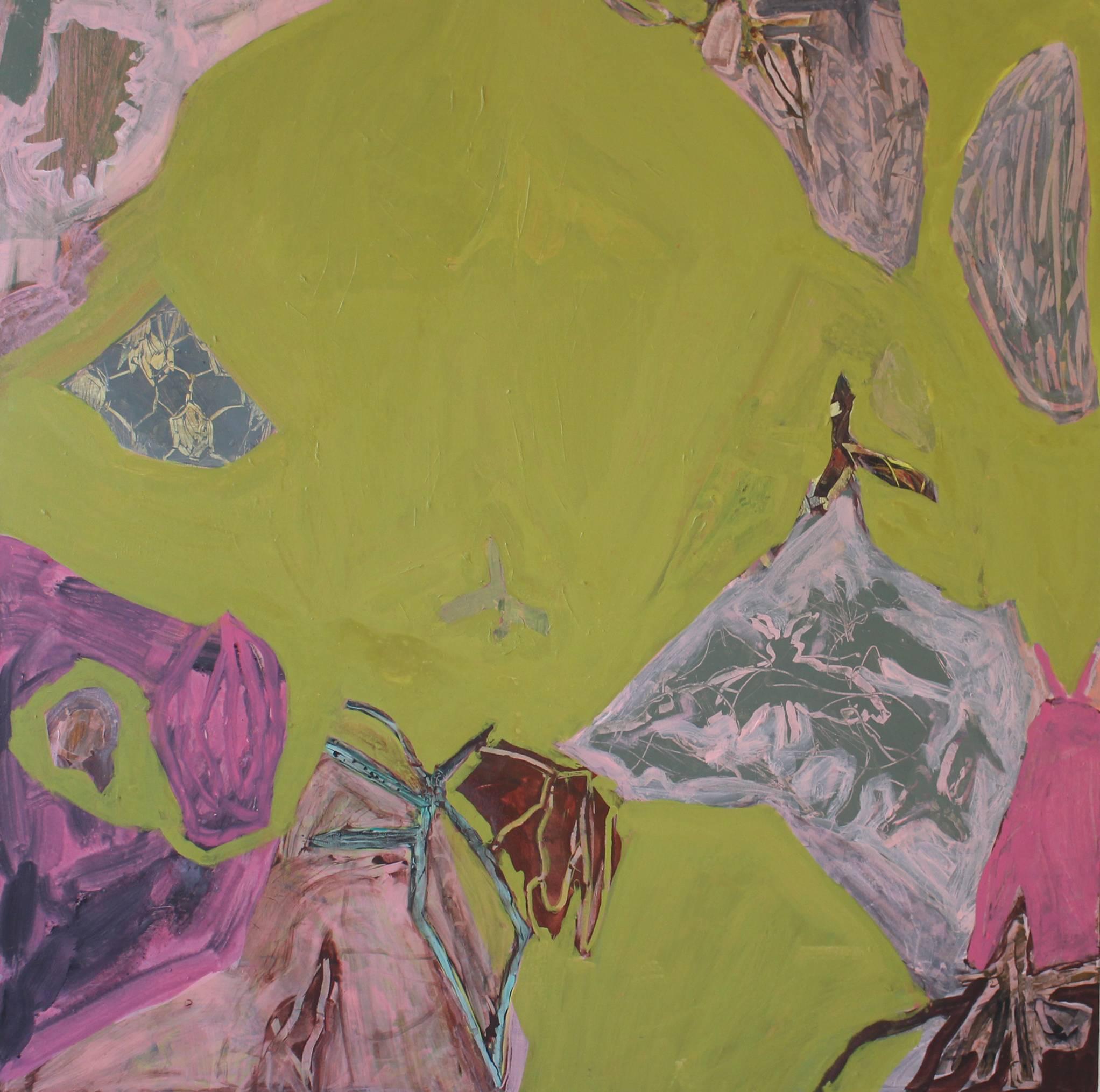 Abstract Painting Anne Francey - Metamorphosis (peinture carrée abstraite verte et rose sur toile)