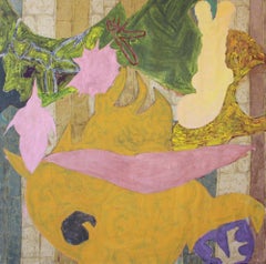 Metamorphosis III (peinture à l'acrylique jaune, verte et violette abstraite sur tissu)