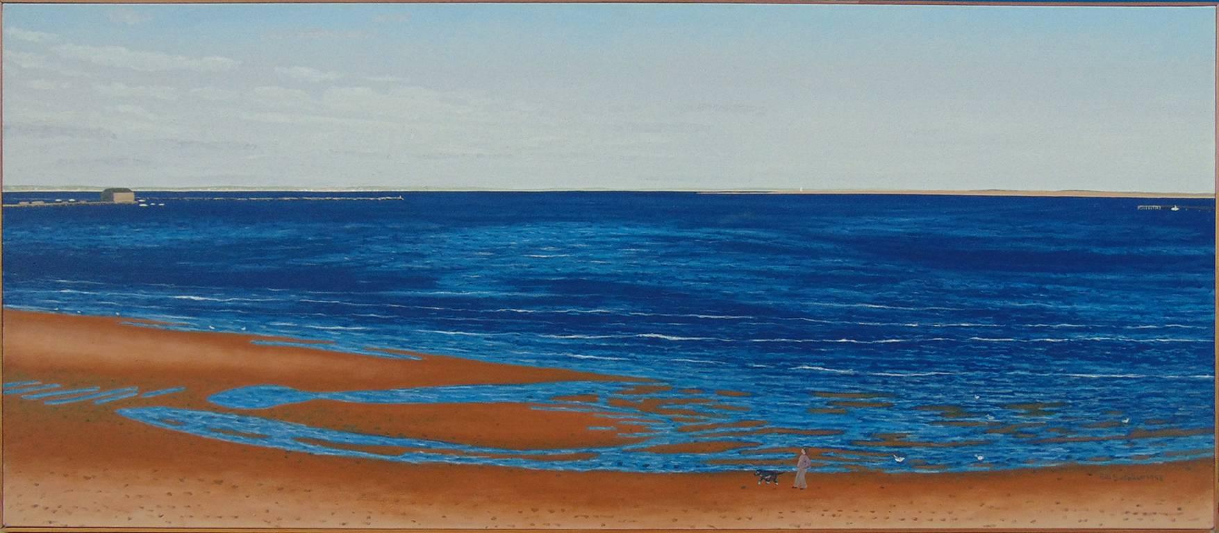 Bill Sullivan Figurative Painting - Beach Scene With Dog (Panoramic Oil Landscape Painting of Blue Ocean and Dog)