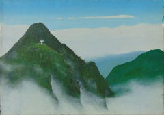 Retro Guadalupe (Landscape Oil Painting of Guadalupe Statue in Mountainous Colombia)