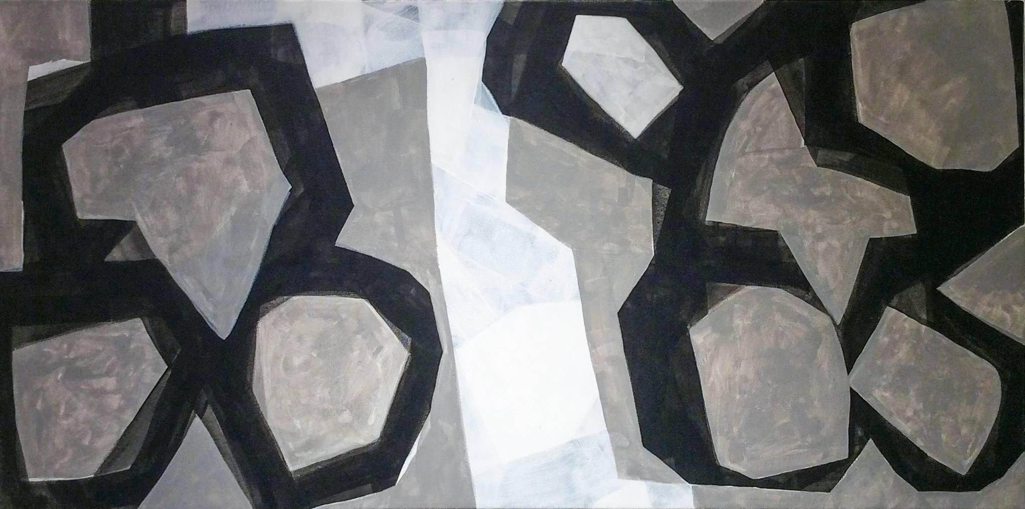 Abstract painting on canvas in grey, white, and black 
acrylic on canvas, 20 x 40 inches

This modern abstract acrylic painting was made by Ralph Stout in 2016. Stout is celebrated for his colorful canvases and interesting geometric abstract