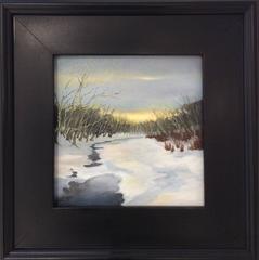 Winter Waning (Landscape Oil Painting of Country Stream in Grey, Blue, & Yellow)