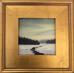 Storm End (Small Landscape Oil Painting of Country Scene in Grey, Blue, Yellow)