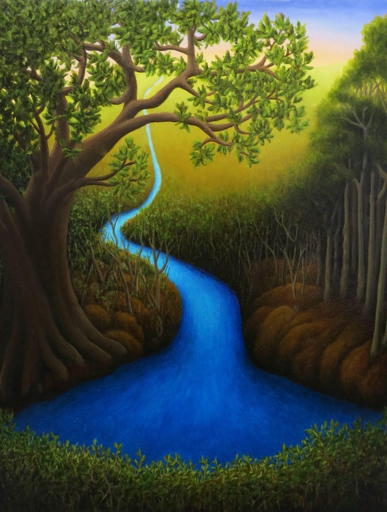 Laura Von Rosk River Small Landscape Oil Painting Of Blue River