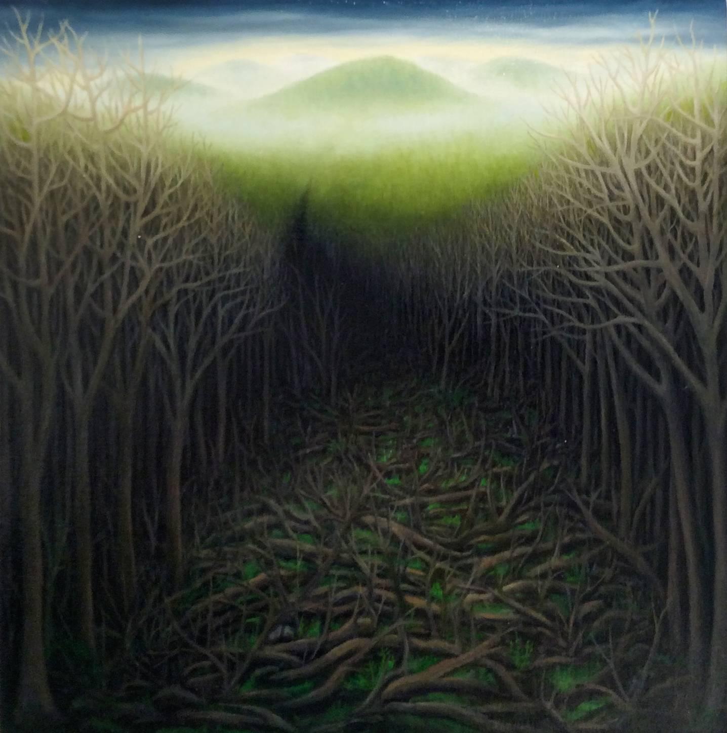 Laura Von Rosk Landscape Painting - Tangled Trail (Small Landscape Oil Painting of Wooded Forest in Brown & Green)