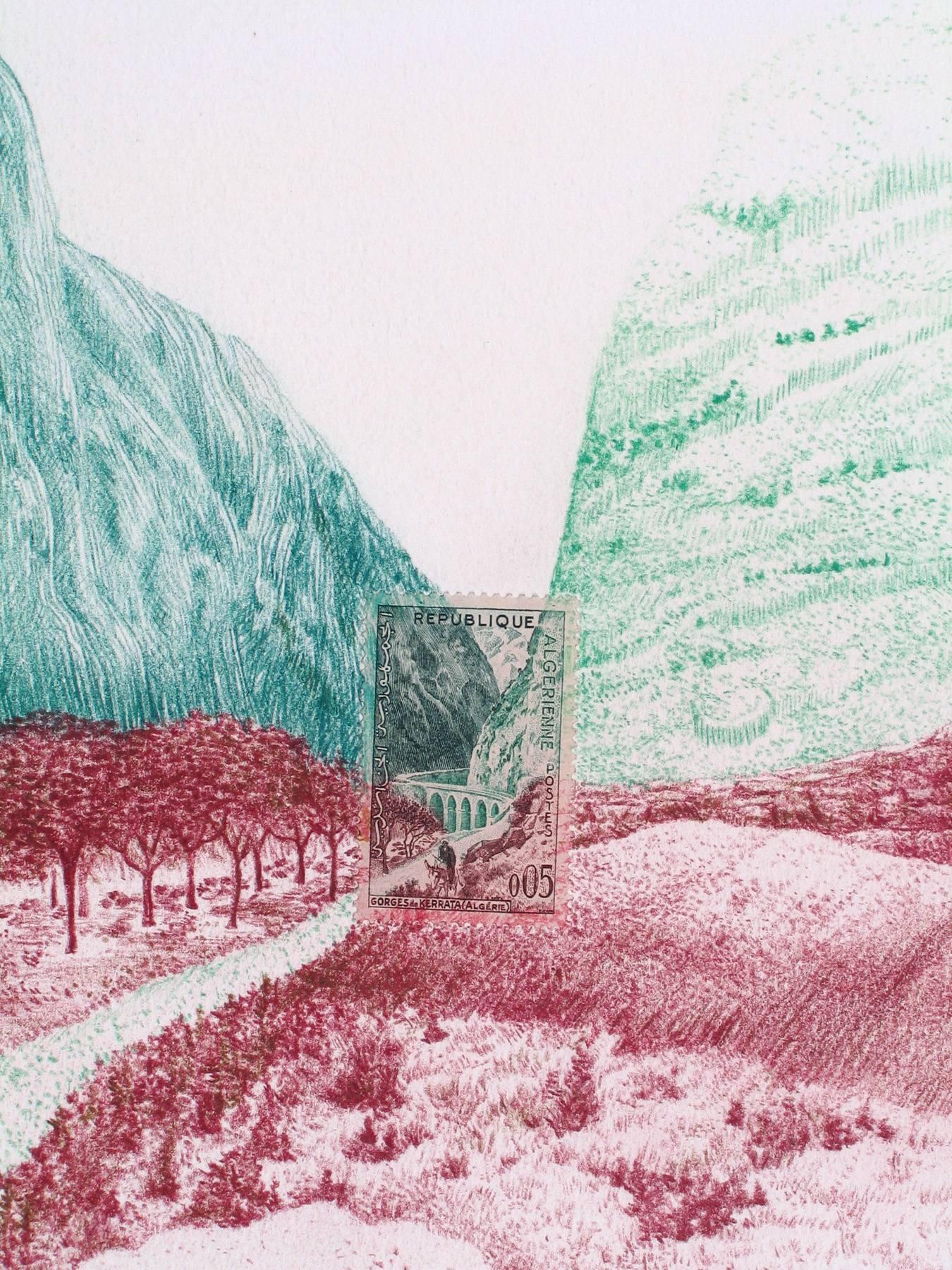 Landscape Art Andrea Moreau - Algénie, Pass de montagne : dessin détaillé au crayon en couleur d'un paysage et d'un timbre