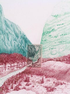 Algeria, Mountain Pass: Detailed Color Pencil Drawing of Landscape & Stamp