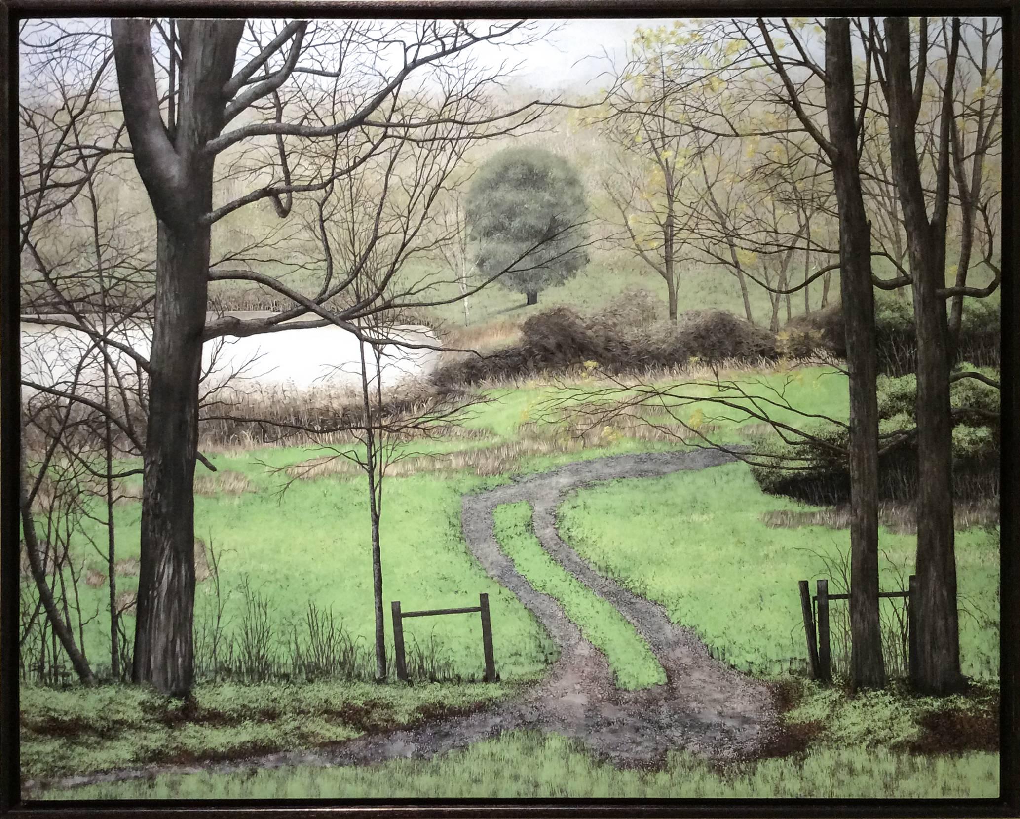 Eileen Murphy Landscape Painting - Gesture Waves Us On (Realistic Landscape Oil Painting on Panel of Green Field)