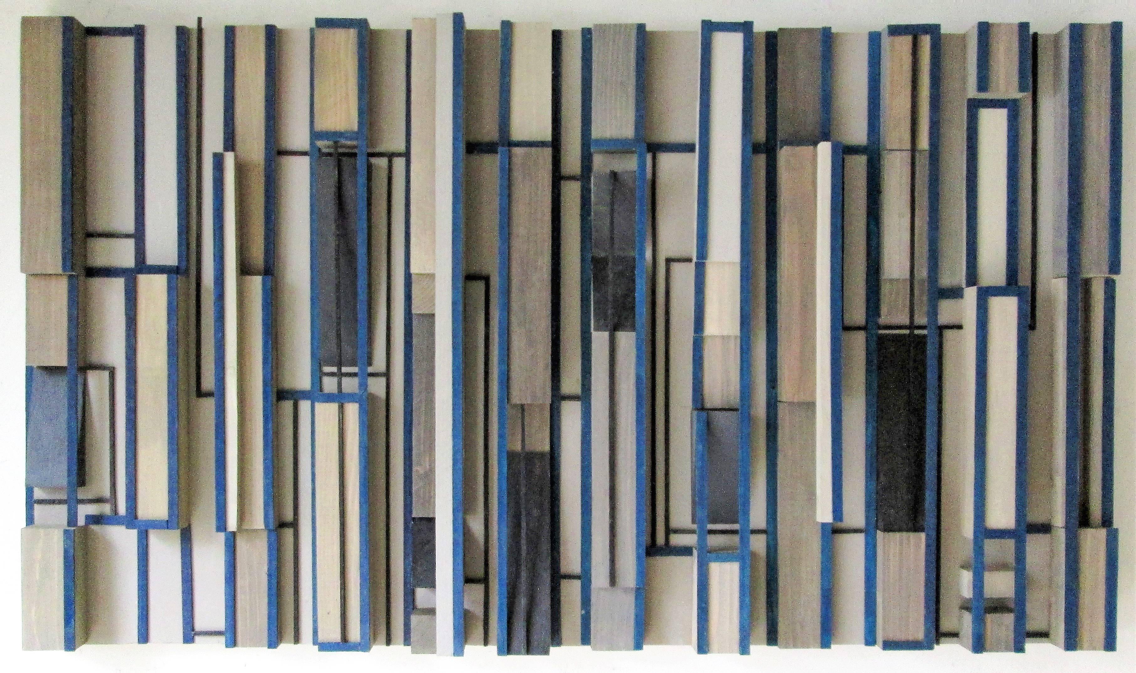 Networking (Abstract Modern 3-D Wooden Wall Sculpture in Blue, Black & Beige)