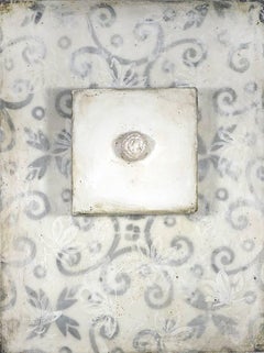 Button (Abstract Wall Sculpture with Gray Mosaic Pattern & White Encaustic)