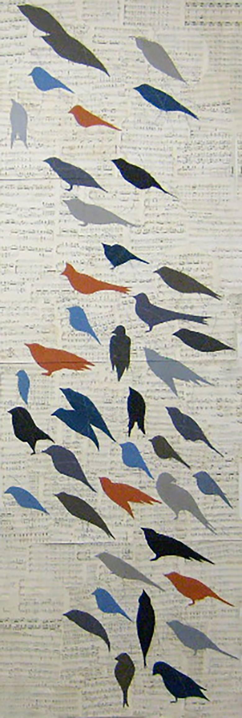 Chorus (Large Vertical Drawing on Paper of Blue, Red, & Black Birds, Framed)