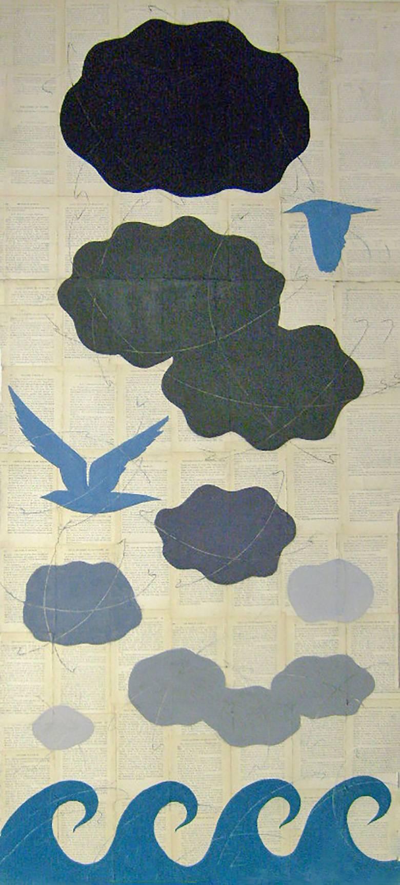 Louise Laplante Figurative Painting - The Forms of Water in Clouds & Rivers with Bluebirds (Chalk Drawing on Paper)