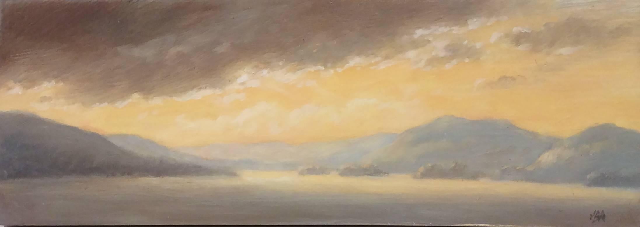 Jane Bloodgood-Abrams Landscape Painting - Storm Clearing: Small Oil Painting of Yellow Sky with Clouds Over Blue Mountains