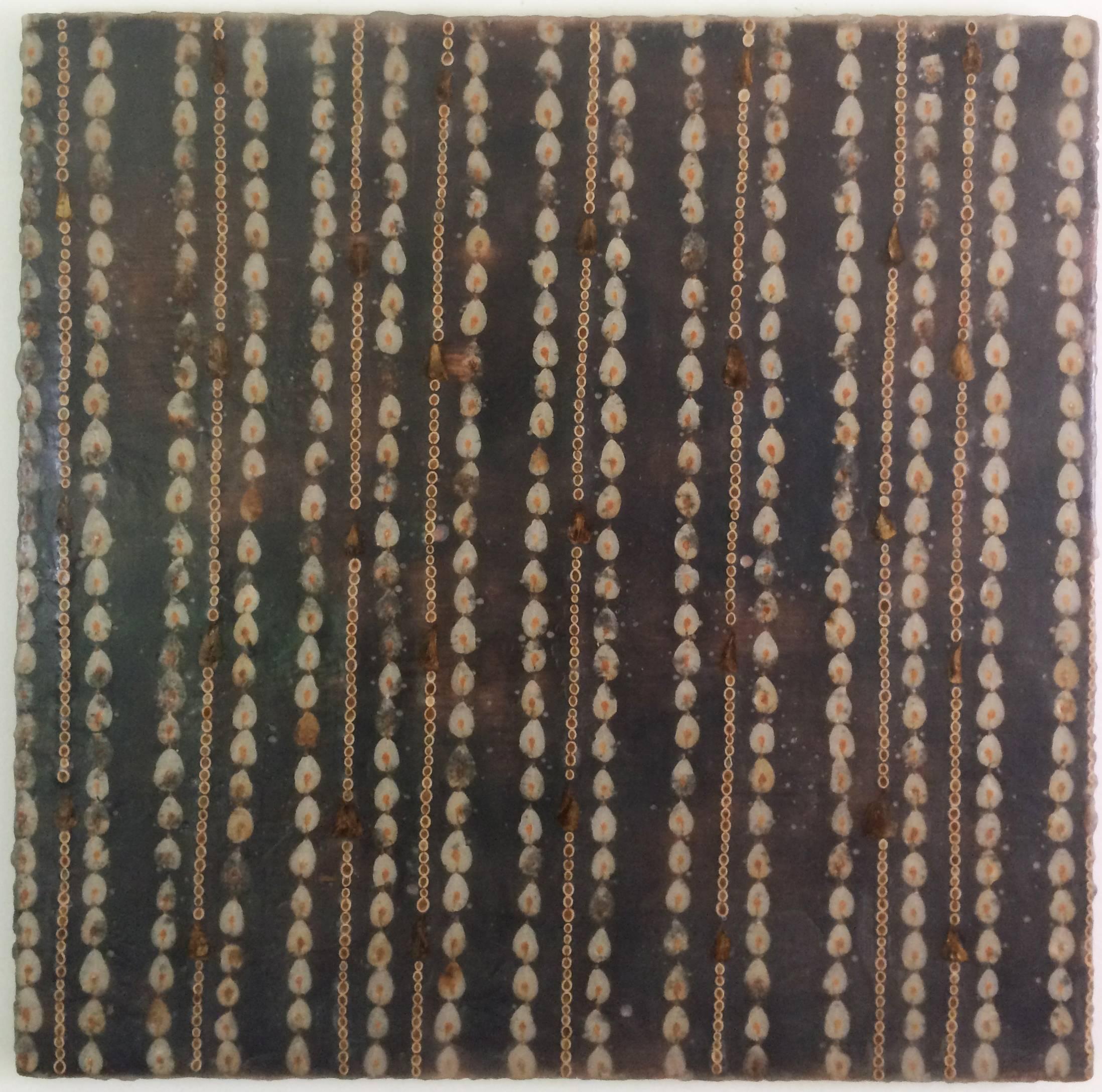 Allyson Levy Abstract Painting - Wallpaper (Modern Mixed Media Black Encaustic Painting with Brown Seeds on Wood)