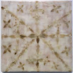 Euphoric I (Modern White Encaustic Painting with Beige Spurge Leaves on Wood)