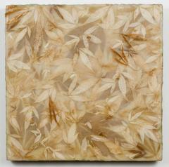 Can I Bliss (Modern Beige Encaustic Painting with Tan Cannabis Leaves on Panel)