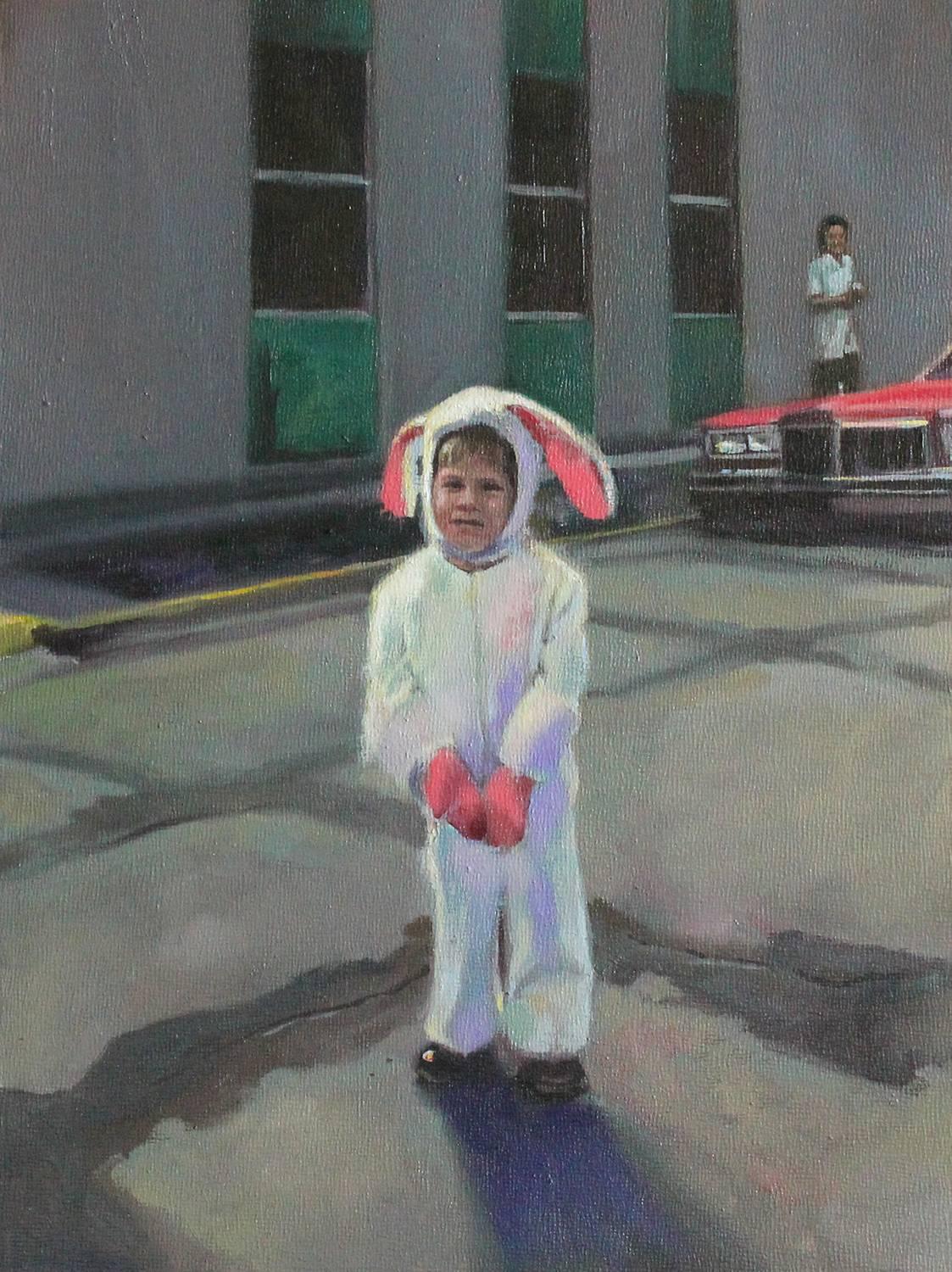 Carl Grauer Figurative Painting - Bunny (Figurative Oil Painting of Vintage Photograph of Child in Bunny Costume)