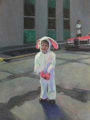 Bunny (Figurative Oil Painting of Vintage Photograph of Child in Bunny Costume)