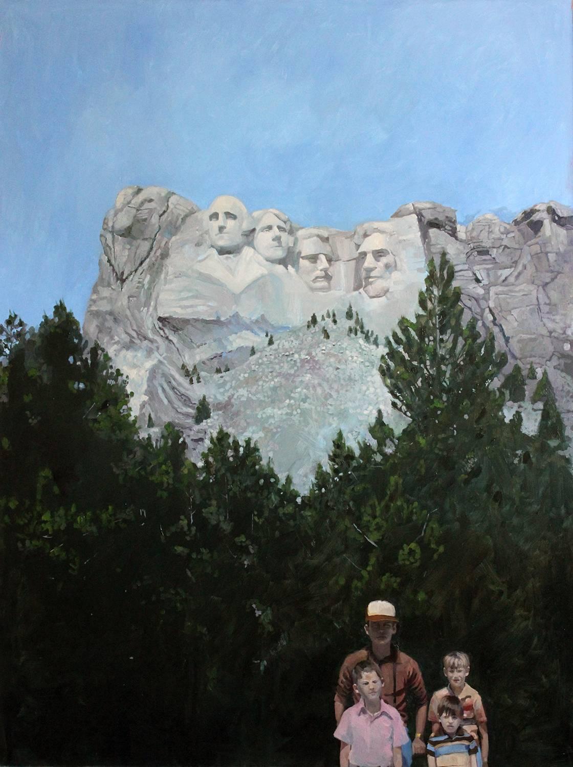 Carl Grauer Figurative Painting - Carved in Stone (Modern Figurative Oil Painting of Family at Mount Rushmore)