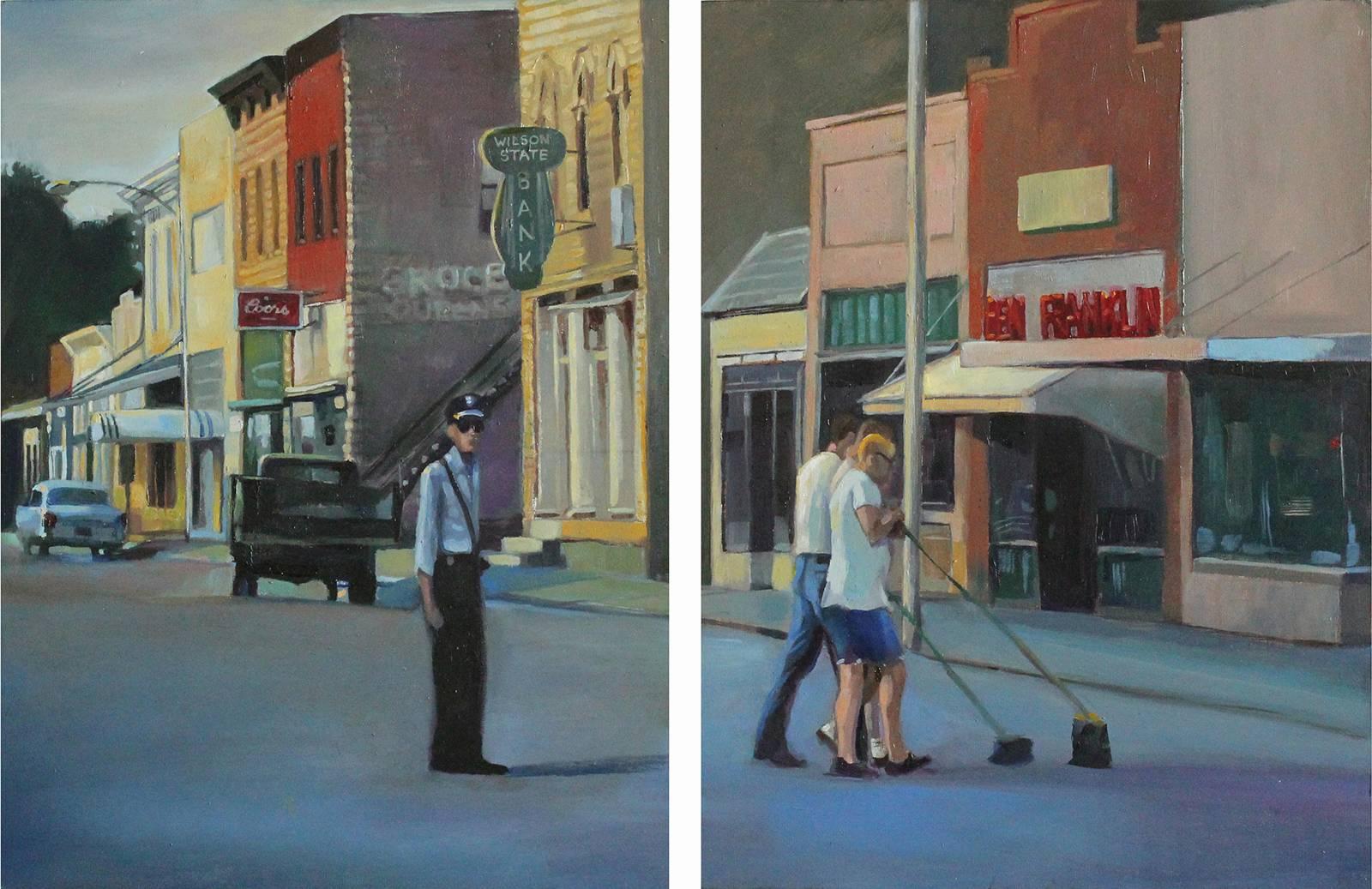 Carl Grauer Figurative Painting - Do the Crime, Pay the Fine (Modern Cityscape Diptych of Photo of Small Town)