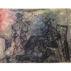 Two Figures in Interior (Contemporary Drawing in Conte Crayon on Paper) 6