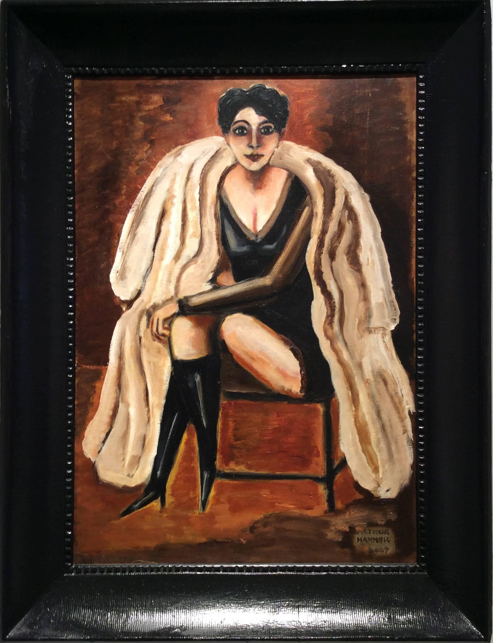 Arthur Hammer Portrait Painting - Maggie in Furs (Portrait of a Woman in Evening Ware in Black Antique frame)