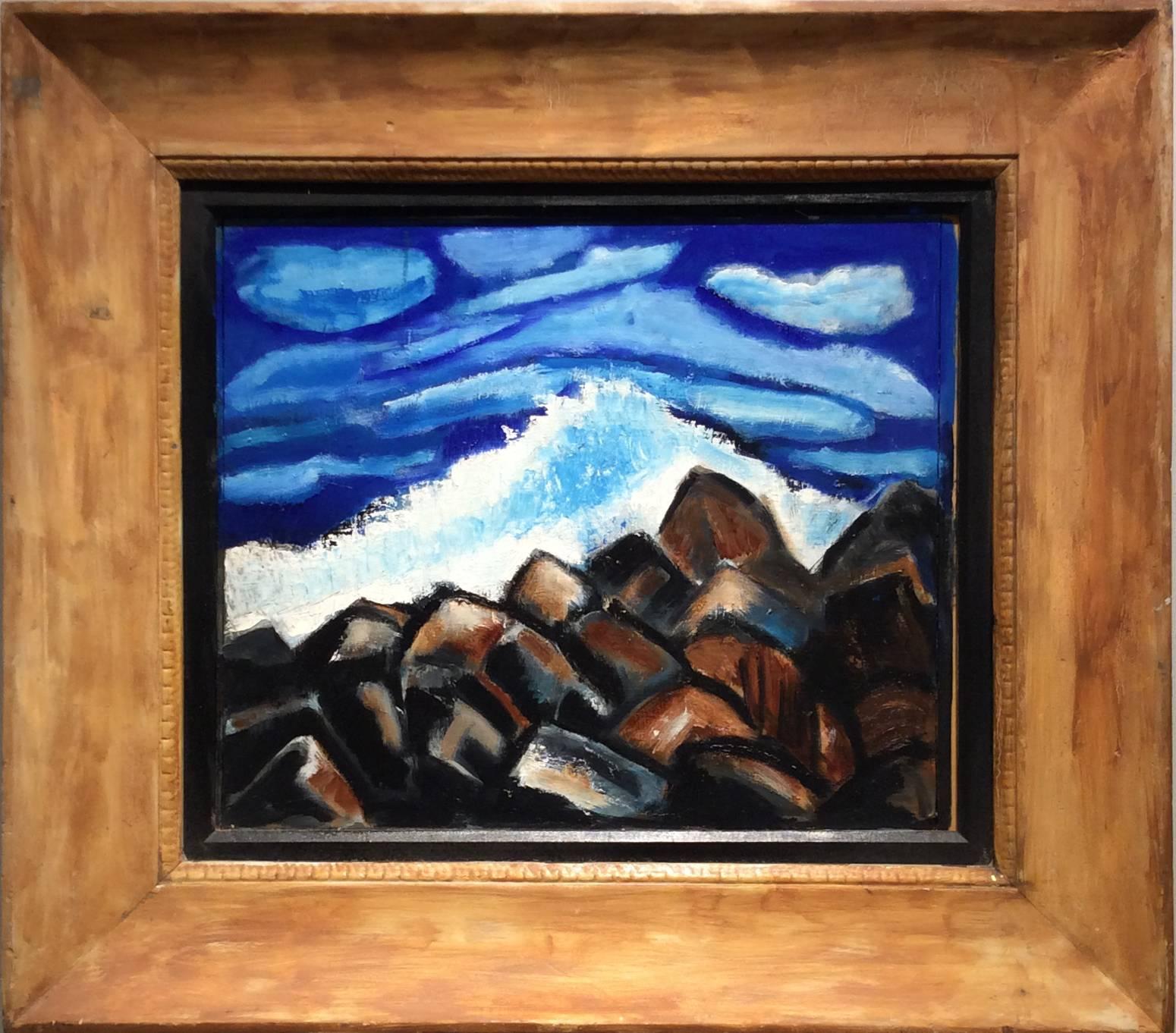 Arthur Hammer Landscape Painting - Rocks, Waves, Clouds (Seascape Painting in Antique Wooden Frame)