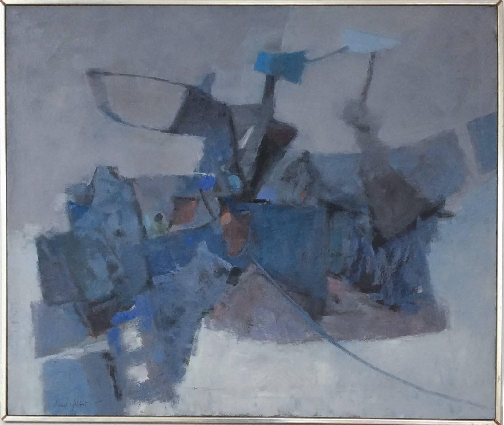 Lionel Gilbert Still-Life Painting - Grey and Blue Abstract (Mid Century Modern, Cubist Style Oil Painting on Linen)