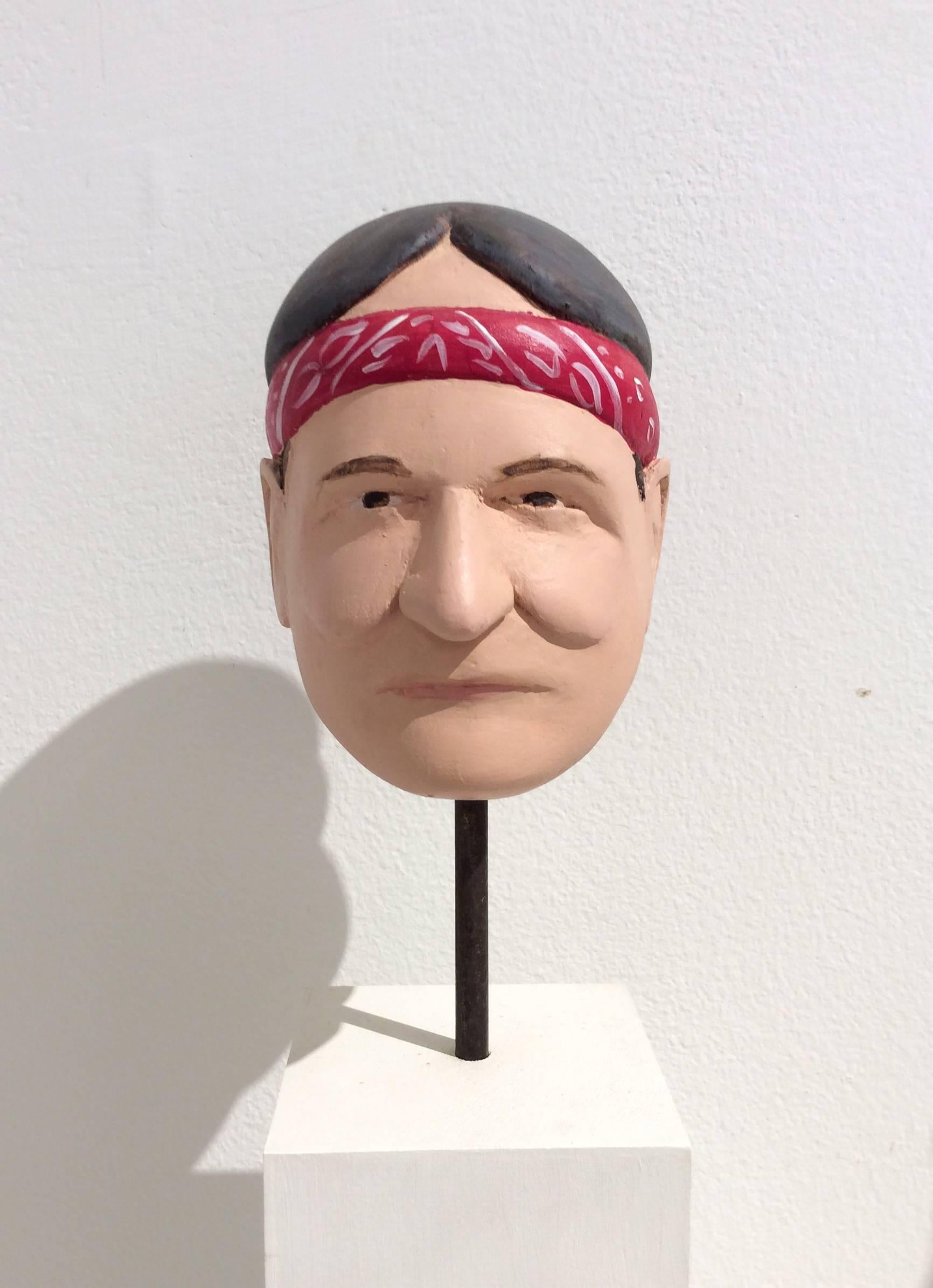 John Cross Figurative Sculpture - Willie Nelson (Carved Wooden bust of Willie Nelson on Pedestal w/ Red Bandanna)