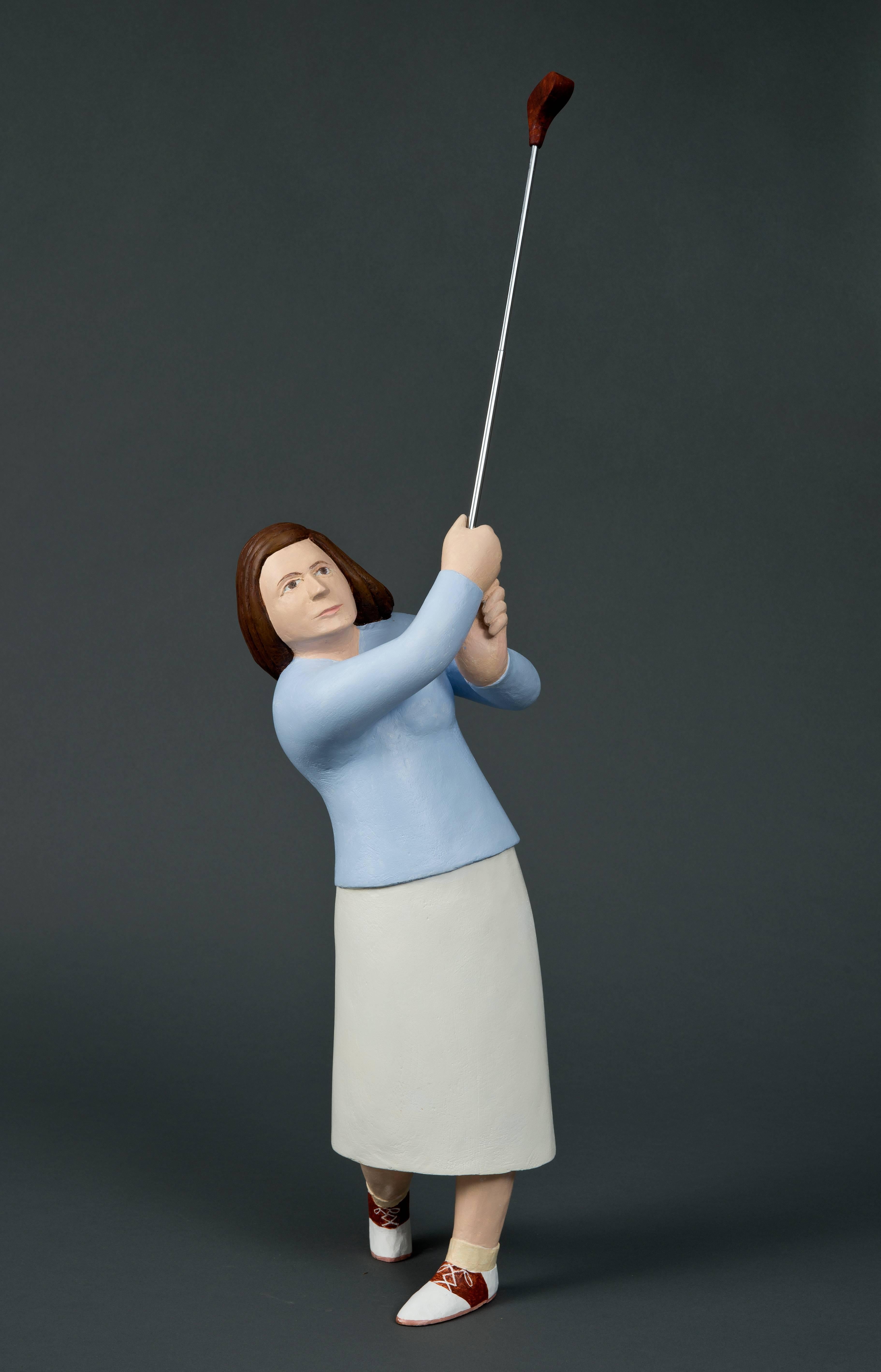 John Cross Figurative Sculpture - Right Down The Middle (Carved Wooden Sculpture of Female Golfer with Club)