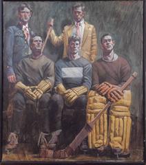 The Hockey Team (Oil Painting of Group of Male Ice Hockey Athletes in Uniform)