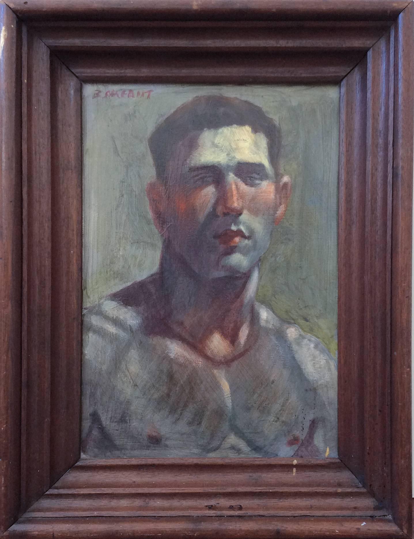 Portrait of a Male Figure (Original Oil by Bruce Sargeant aka Mark Beard)
13.5 x 9.5 inches, oil on canvas
Vintage brown wooden frame measures 18.5 x 14.5 x 2 inches
signed "B. Sargeant" in upper left hand corner

This is small, contemporary