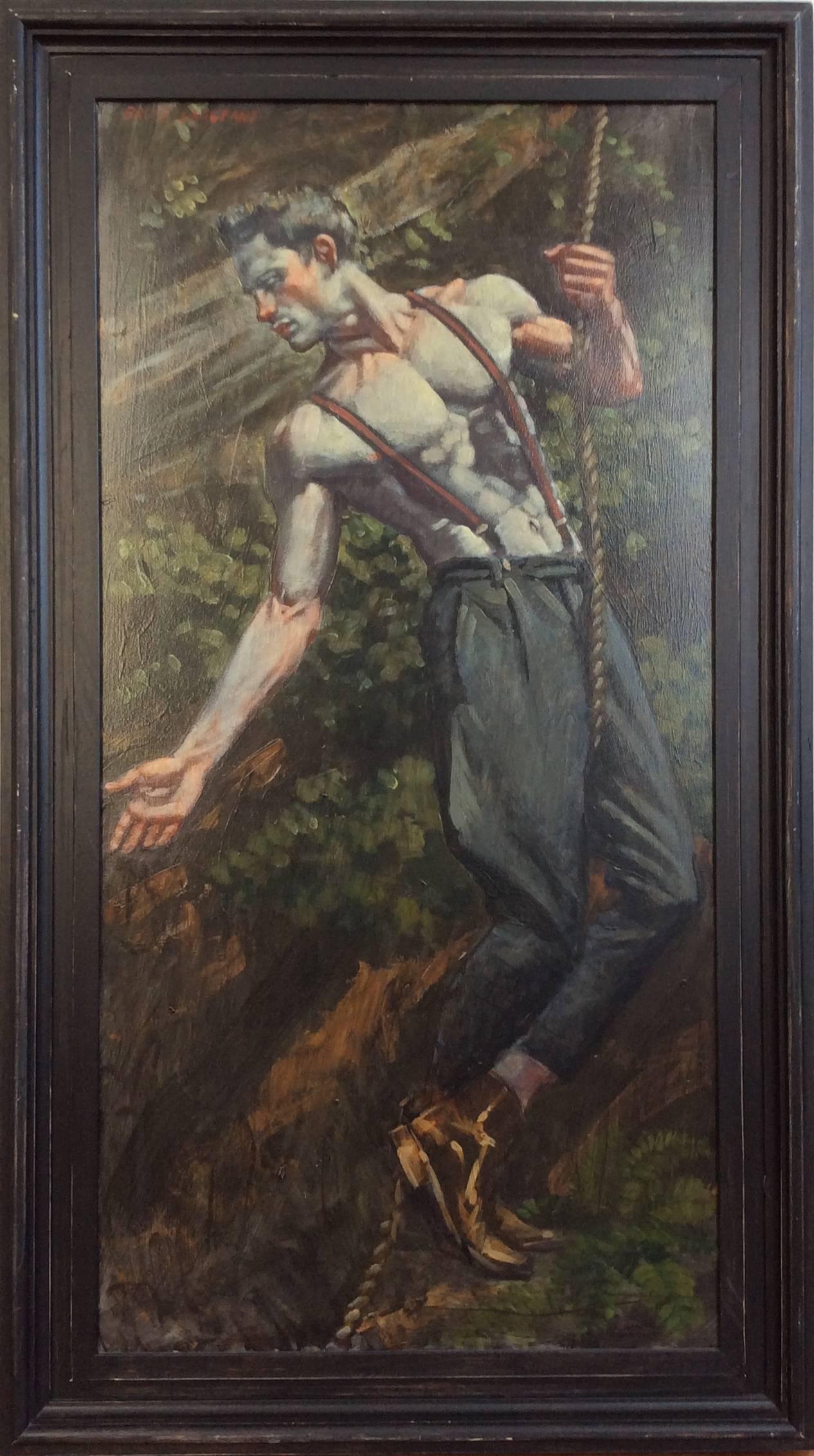 Mark Beard Figurative Painting - Climber (Portrait of a Male in Suspenders & Boots holding a rope in a Landscape)