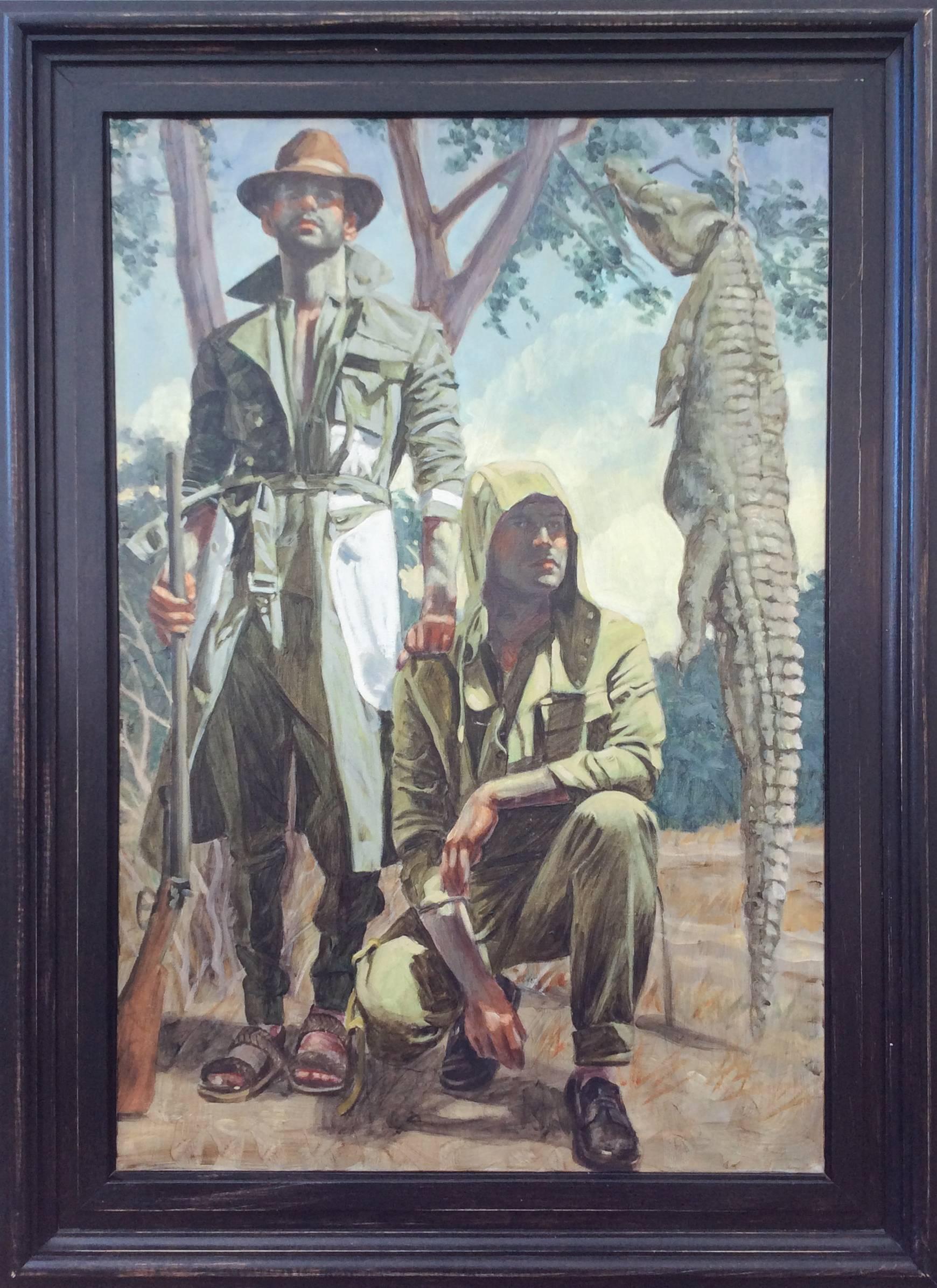 Mark Beard Figurative Painting - Two Men with Crocodile (Oil Painting of Standing Male Figures on Safari