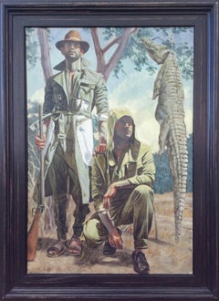 Two Men with Crocodile (Oil Painting of Standing Male Figures on Safari